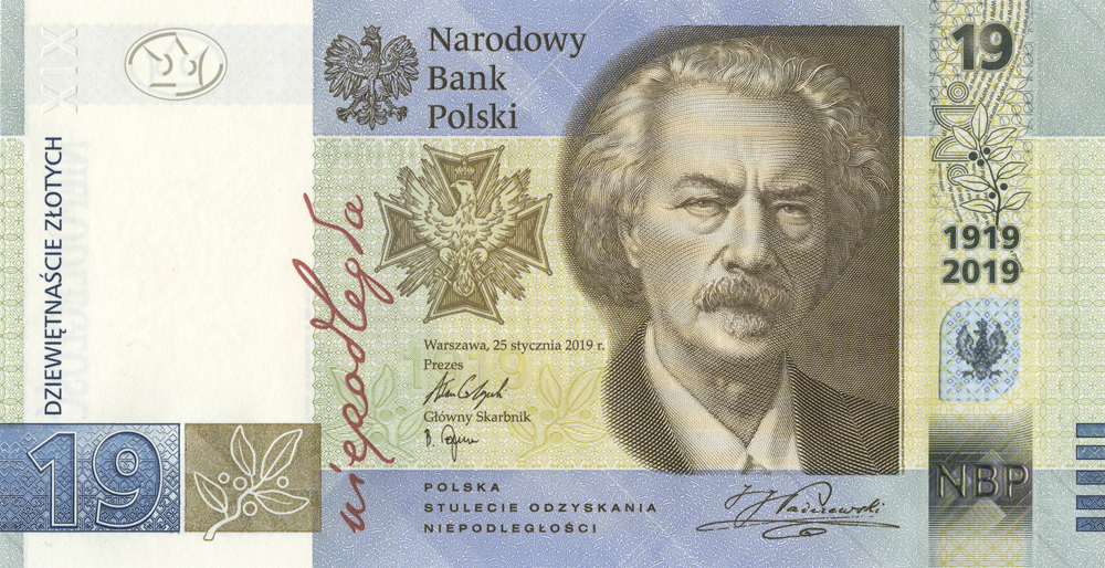 19 zł - banknot kolekcjonerski - 100 lecie powstania PWPW - Paderewski
