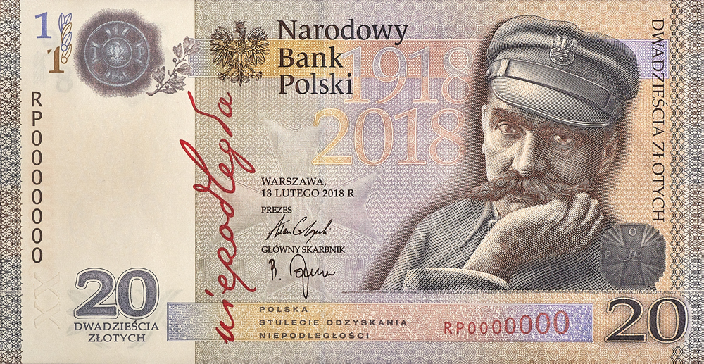 20 zł - banknot kolekcjonerski - 100  lat Niepodległości - Piłsudski